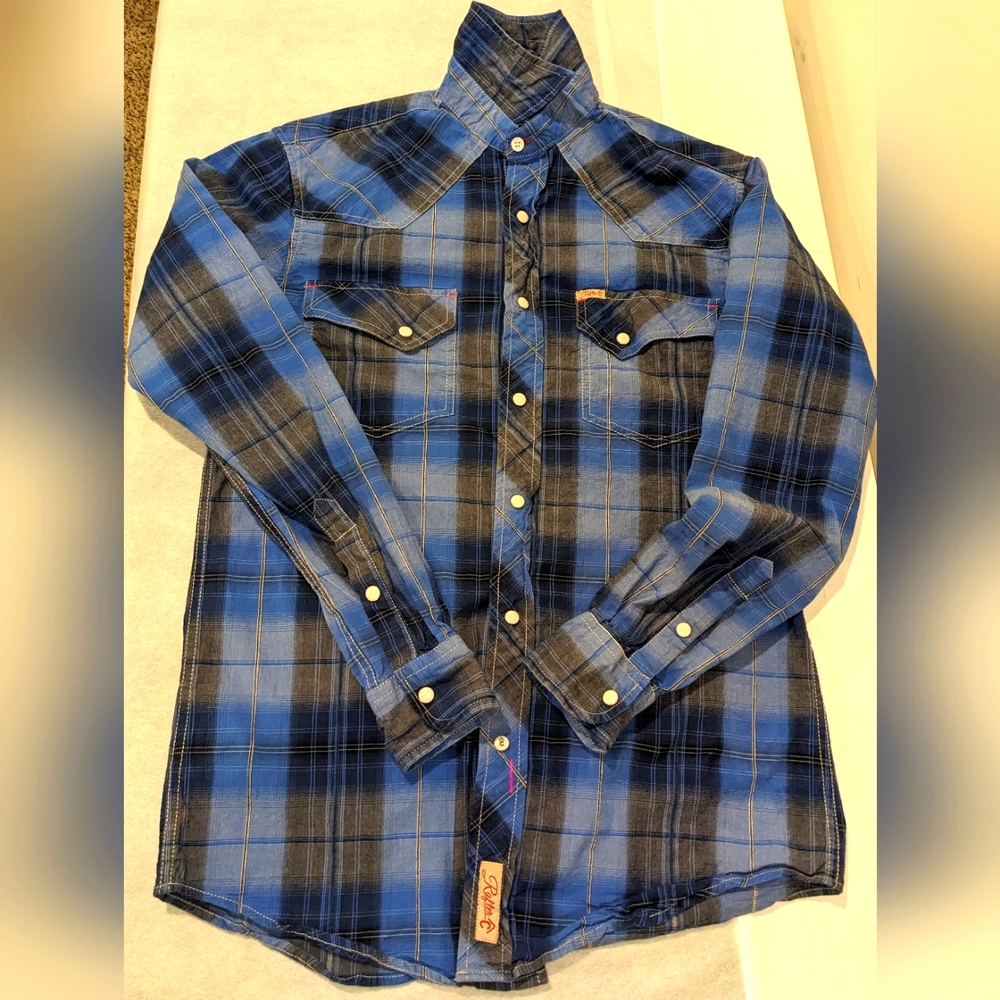 Rafter C Cowboy Collection Blue Plaid Men's Button Shirt